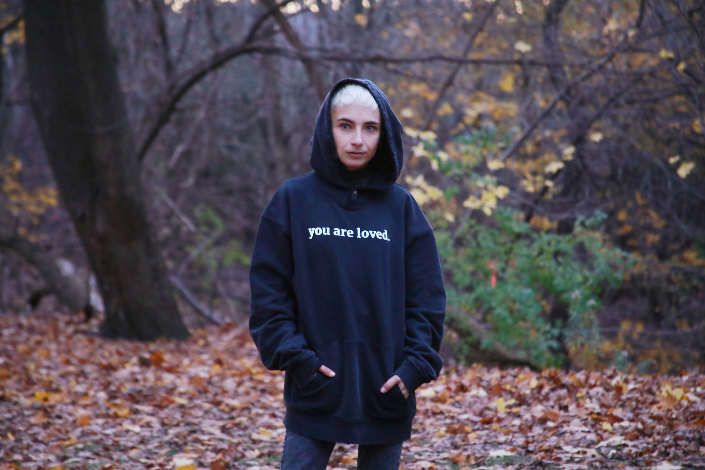 you are loved - frayed hem snap collar faded hoodie - black