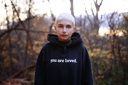 you are loved - frayed hem snap collar faded hoodie - black