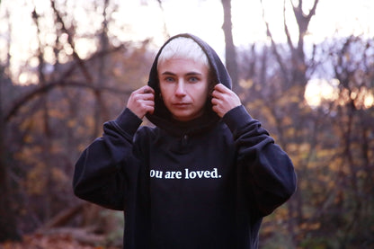 you are loved - frayed hem snap collar faded hoodie - black