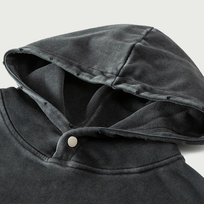 you are loved - frayed hem snap collar faded hoodie - black