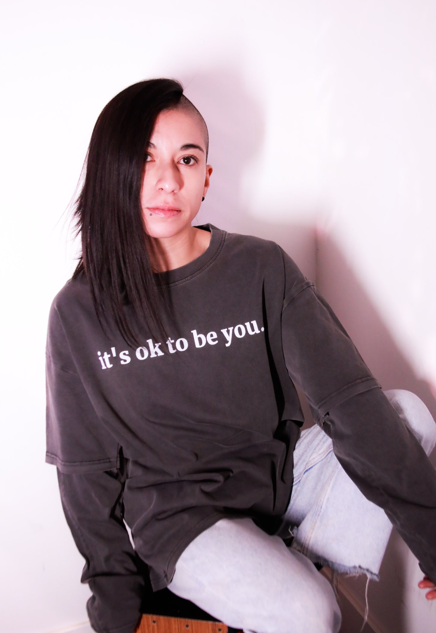 it's ok to be you - Layered Long Sleeve Tshirt - Charcoal Grey