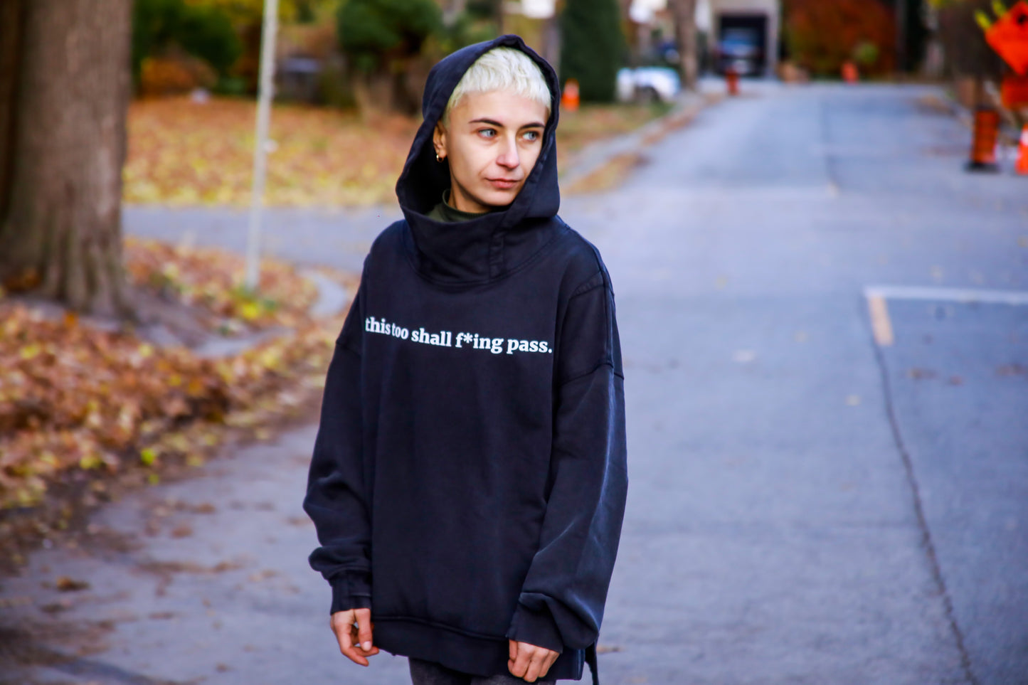 this too shall f*ing pass -  Faded Slit Hem Turtleneck Hoodie - Black