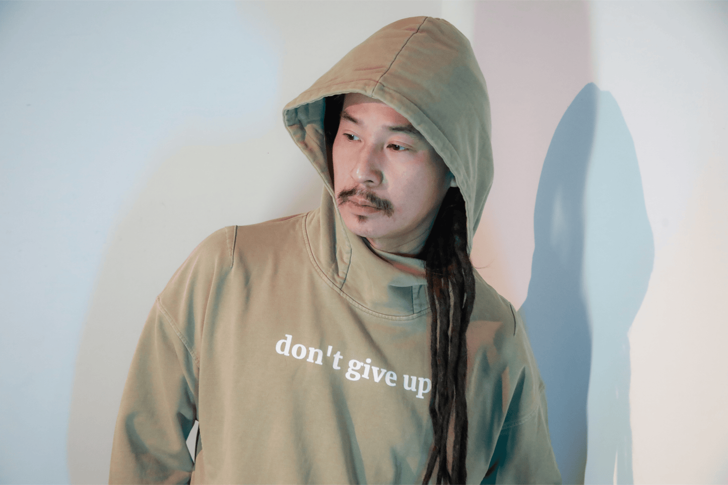 don't give up - Distressed Slit Hem Turtleneck Hoodie - Khaki