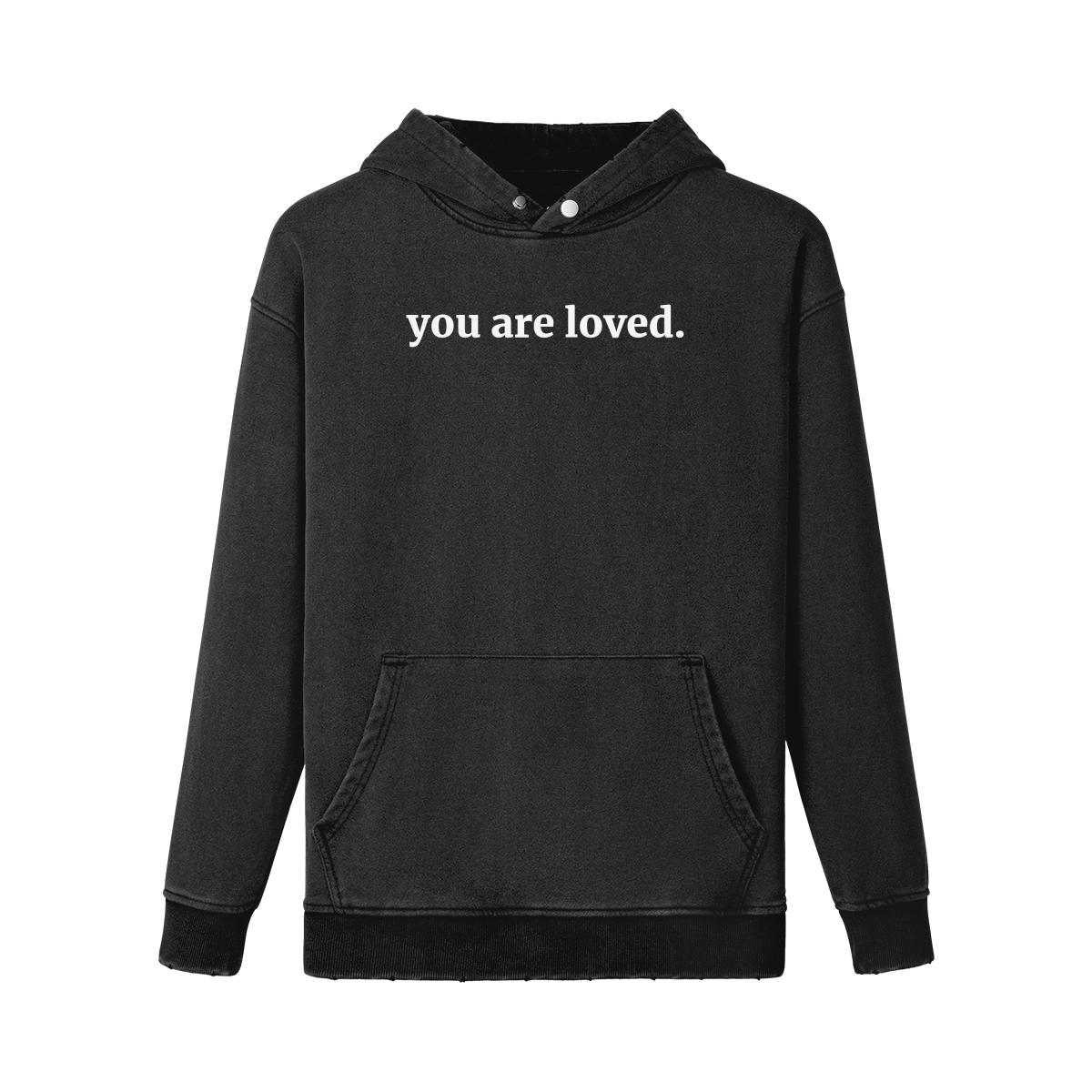 you are loved - frayed hem snap collar faded hoodie - black