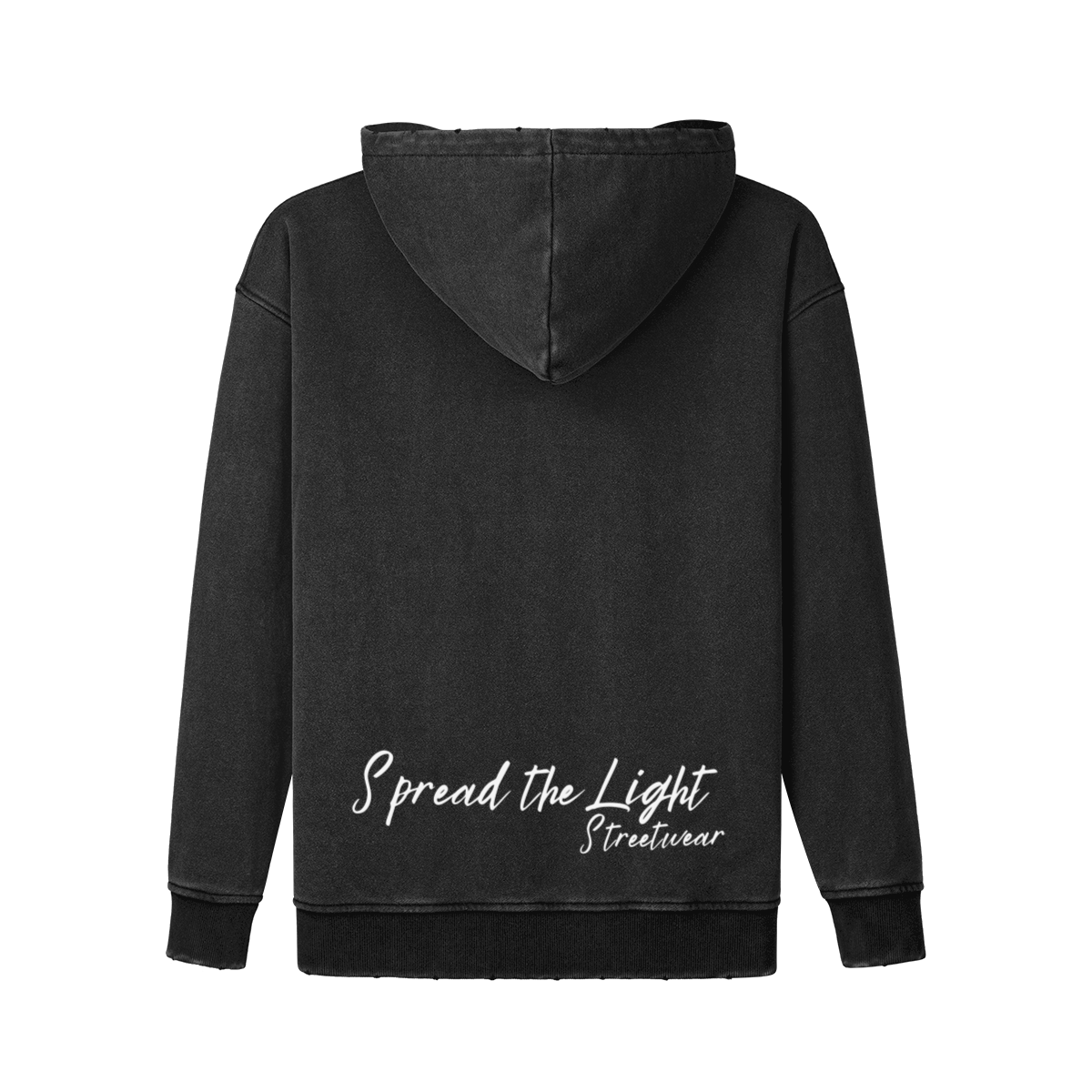 you are loved - frayed hem snap collar faded hoodie - black