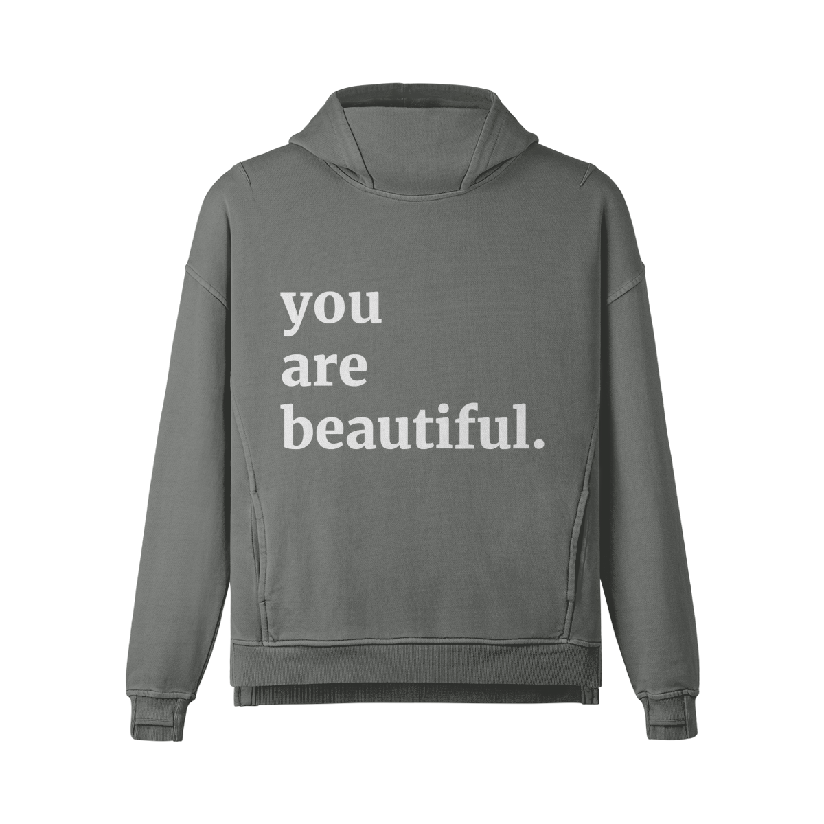 you are beautiful - Faded Slit Hem Turtleneck Hoodie - Charcoal Grey